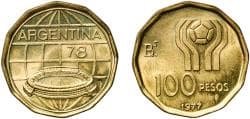 Argentina Federal Republic 1977 BAˢ 100 Pesos (Soccer) Aluminium bronze (Cu 92 Al 8) Buenos Aires Mint (1506000) 6.41g UNC K...