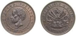 Haiti First Republic 1863 HEATON 20 Centimes Bronze Heaton and Sons / The Mint Birmingham Limited (1000000) 7.87g AU KM 41