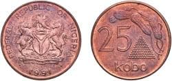 Nigeria Federation 1991 25 Kobo Copper plated steel 4.57g UNC KM 11a