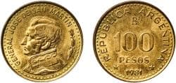 Argentina 1981 BAˢ 100 Pesos (magnetic) Brass clad steel Buenos Aires Mint (99512000) 7.93g UNC KM 85a CJ 307,308 Schön 86a