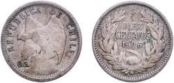 Chile Republic 1906 So 10 Centavos Silver (.500) Santiago Mint (139000) 1.97g VF KM 156.2