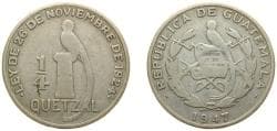 Guatemala Republic 1947 ¼ Quetzal Silver (.720) (Copper .280) Guatemala City Mint (134000) 8.33g VF KM 243
