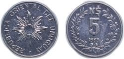 Uruguay Oriental Republic of Uruguay 1989 5 Nuevos Pesos Stainless steel (65000000) 1.33g UNC KM 92 Schön 77