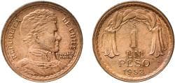 Chile Republic 1953 So 1 Peso Copper Casa de Moneda de Chile Mint 7.44g UNC KM 179 Schön 25