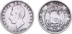 Ecuador Republic 1884 HEATON 1 Sucre Silver (.900) (250000) 24.63g VF KM 53.1