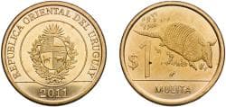 Uruguay Oriental Republic of Uruguay 2011 1 Peso Uruguayo (Mulita) Brass plated steel (20000000) 3.45g UNC SA 153 CG 183