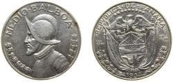 Panama Republic 1934 ½ Balboa Silver (.900) (Copper .100) San Francisco Mint (90000) 12.5g XF KM 12.1