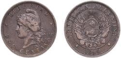 Argentina Federal Republic 1890 2 Centavos Bronze (3609000) 9.85g XF KM 33 CJ 24-37