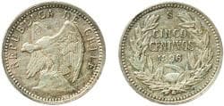 Chile Republic 1896 So 5 Centavos Silver (.835) Casa de Moneda de Chile Mint (888000) 1.05g XF KM 155.1
