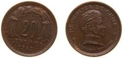 Chile Republic 1943 So 20 Centavos Copper Santiago Mint (396000000) 3g AU KM 177
