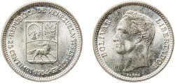 Venezuela Fourth Republic 1954 25 Céntimos Silver (.835) (Copper .165) Philadelphia Mint (36000000) 1.27g UNC Y 35 Schön 43 ...