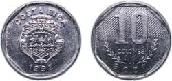 Costa Rica Second Republic 1992 10 Colones Stainless steel VDM Metals / Vereinigte Deutsche Metallwerke Mint (25000000) 8.45g...