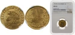 Colombia Republic 1955 B 2 Centavos (Continuous legend) Brass (84% copper, 16% zinc) 3g NGC MS 65 KM 214 Schön 32.2 Hernández...