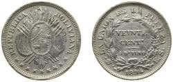 Bolivia Republic 1894 PTS ES 20 Centavos Silver (.900) Potosi Mint (491400) 4.6g VF Cleaned KM 159.2 Schön 3