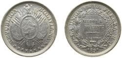 Bolivia Republic 1891 PTS CB ½ Boliviano / 50 Centavos Silver (.900) Potosi Mint 12.5g AU KM 161.4