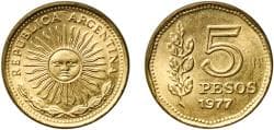 Argentina Federal Republic 1977 BAˢ 5 Pesos Aluminium bronze (Cu 92 Al 8) Buenos Aires Mint (66765684) 5.72g UNC KM 71 CJ 32...