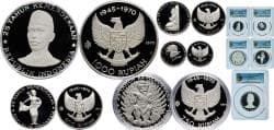 Indonesia Republic 1970 Set 5 Coins of 25th Ann. Independence 200, 250, 500, 750, 1000 Rupiah - PR68/PR66/PR67/PR68/PR67 Silv...
