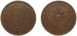 Uruguay Oriental Republic of Uruguay 1869 H 4 Centésimos Bronze Santiago Mint (6250000) 20g AU KM 13 SA 17 SA 20