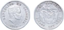 Colombia Republic 1913 10 Centavos Silver (.900) (8305000) 2.46g VF Cleaned KM 196 Hernández 402-410 Restrepo 377