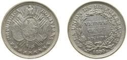 Bolivia Republic 1885 PTS FE 20 Centavos Silver (.900) Potosi Mint 4.6g XF KM 159 Schön 3