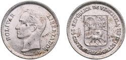 Venezuela Fourth Republic 1954 25 Céntimos Silver (.835) (Copper .165) Philadelphia Mint (36000000) 1.2g AU Y 35 Schön 43 NC...