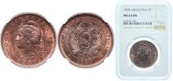 Argentina Federal Republic 1890 2 Centavos Bronze (3609000) 10g NGC MS 64 KM 33