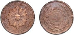 Uruguay Oriental Republic of Uruguay 1869 H 4 Centésimos Bronze Heaton and Sons / The Mint Birmingham Limited (6250000) 19.51...