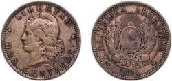 Argentina Federal Republic 1891 2 Centavos Bronze (8050000) 10g VF KM33