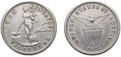 Philippines Insular Government 1903 10 Centavos (Large type) Silver (.900) (Copper .100) Philadelphia mint (5103000) 2.692g A...