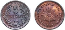 Uruguay Oriental Republic of Uruguay 1947 So 5 Centésimos Copper Casa de Moneda de Chile Mint (2000000) 4.87g AU KM 21a SA 60...