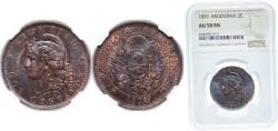 Argentina Federal Republic 1891 2 Centavos Bronze (8050000) 10g NGC AU 58 KM 33