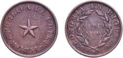 Chile Republic 1851 ½ / Medio Centavo Copper (2200000) 4.91g VF KM 118