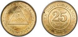 Nicaragua Republic 2002 25 Centavos Brass plated steel Royal Mint (Tower Hill) 5.1g UNC KM 99 Schön 96