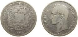 Venezuela Fourth Republic 1886 5 Bolívares Silver (.900) (Copper .100) 24.5g VF Y 24.1 KM 24