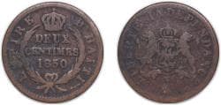 Haiti 1850 2 Centimes Copper 4.27g VF KM 36