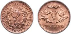 Colombia Republic 1967 5 Centavos Copper clad steel (90% Steel, 10% Copper) Casa de Moneda de Colombia Mint (10280000) 3.2g U...