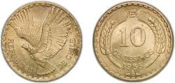 Chile Republic 1965 So 10 Centésimos Aluminium bronze Casa de Moneda de Chile Mint (49480000) 8.1g UNC KM 191