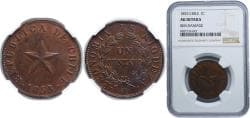 Chile Republic 1853 1 Centavo Copper (2667000) 10g NGC AU KM 127
