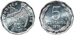 Chile Republic 1976 So 5 Centavos Aluminium Casa de Moneda de Chile Mint (5000000) 1.52g UNC KM 204a
