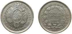 Bolivia Republic 1894 PTS CB ½ Boliviano / 50 Centavos Silver (.900) Potosi Mint (2470143) 12.5g VF KM 161.5