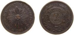Uruguay Oriental Republic of Uruguay 1869 A 2 Centésimos Bronze Paris Mint (3000000) 10g XF KM 12 SA 16 SA 19