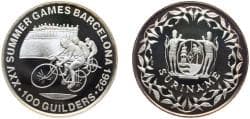 Suriname Republic 1992 100 Guilders (Olympic Games 1992 - Cycling, with 999) Silver (.999) Nova Mint (15000) 20.12g PF KM 41....