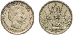 Uruguay Oriental Republic of Uruguay 1943 So 50 Centésimos Silver (.720) (10800000) 7.17g XF KM 31 SA 57 CG 58