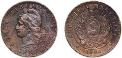 Argentina Federal Republic 1894 2 Centavos Bronze (2233000) 9.97g XF KM 33
