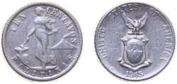 Philippines Commonwealth 1945 D 10 Centavos Silver (.750) (Copper .250) Denver Mint (143592000) 2g VF KM 181 Schön 19