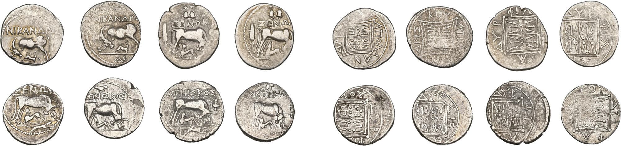 ILLYRIE, lot de 8 drachmes: Apollonia, D/ NIKANΔPOΣ (2); Dyrrhachion, R/ ΞENΩN et épi (2), ΞENΩN et chien à l'exergue, MENIΣKOΣ et oiseau, MENIΣKOΣ et chien à l'exergue, EYKTHMΩN et tête à d. Décen...