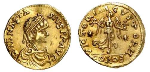 BMC 9 Anastasius, AV Tremissis, struck in Rome under Theodoric