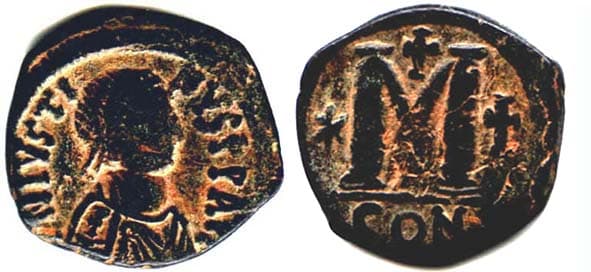 SB 63 Justin I, AE follis, 518-527 AD