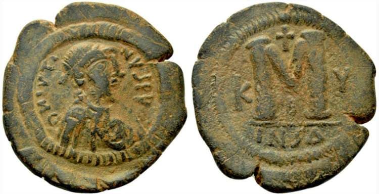 SB 96 Justin I, AE Follis
