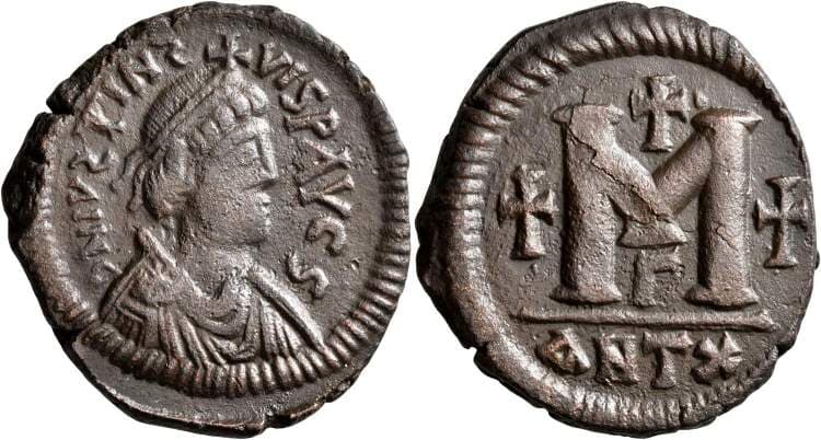 SB 100, Γ garbled Justin I, AE follis